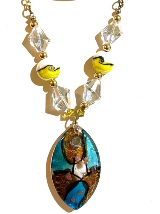 Handmade Jewelry - Handmade Blue & Yellow Glass Pendant Necklace - Women Jewelry